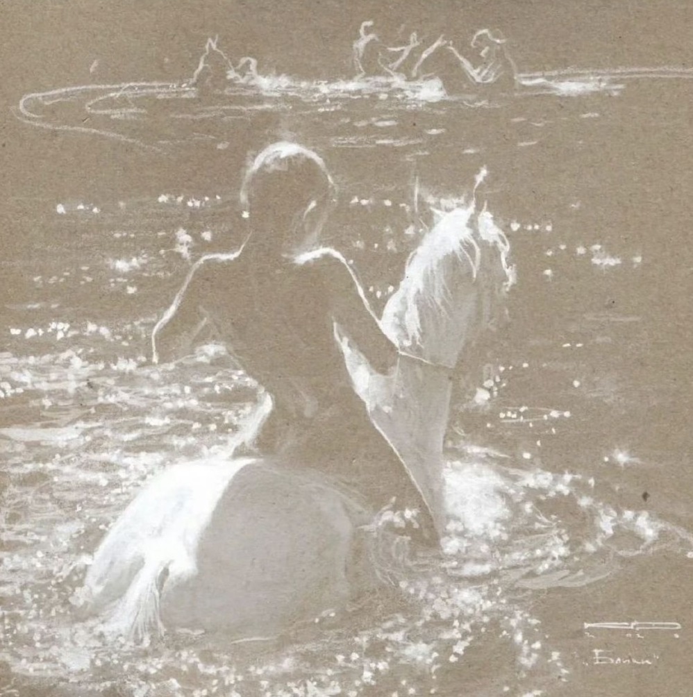 Chalk study of a rider in water