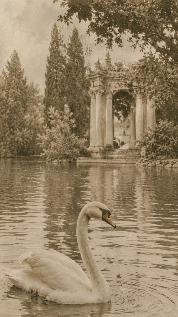 A swan on the estate water, pavilion beyond